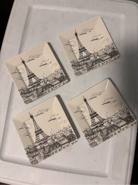 222 Fifth Black and Cream Paris Eiffel Tower Square Appetizer Plates (Set of 4)